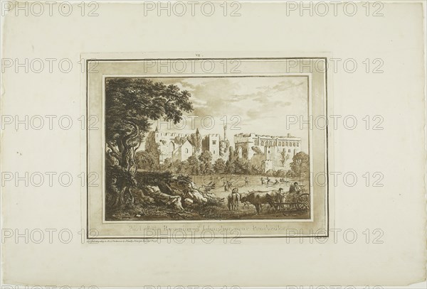 Part of the Remains of Llanphor, near Pembroke, from Twelve Views in Aquatinta from Drawings taken on the Spot in South Wales, 1773–75, Paul Sandby, English, 1731-1809, England, Etching and aquatint on ivory laid paper, 177 × 252 mm (image), 238 × 314 mm (plate), 355 × 528 mm (sheet)