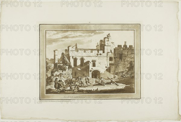 Manerbawr Castle, from Twelve Views in Aquatinta from Drawings taken on the Spot in South Wales, 1775, Paul Sandby, English, 1731-1809, England, Etching and aquatint on ivory laid paper, 186 × 260 mm (image), 239 × 315 mm (plate), 353 × 529 mm (sheet)