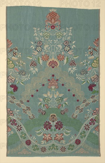 Panel, c. 1725, England, Silk, warp-faced, weft-ribbed plain weave with weft-float faced twill interlacings of secondary binding warps and supplementary brocading wefts à la disposition, 86.4 × 54.4 cm (34 × 21 3/8 in.)