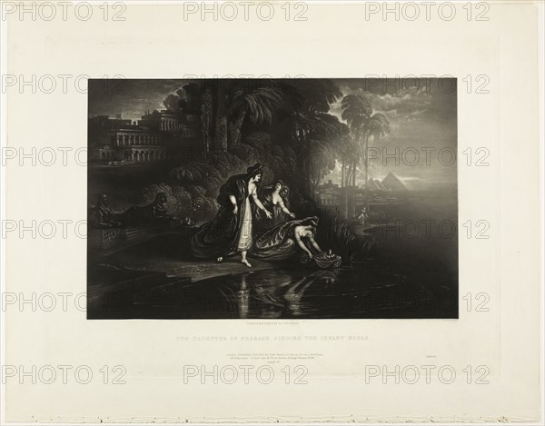 The Daughter of Pharoah Finding the Infant Moses, from Illustrations of the Bible, 1833, John Martin, English, 1789-1854, England, Mezzotint in black on ivory wove paper, 190 × 290 mm (image), 268 × 357 mm (plate), 329 × 416 mm (sheet)