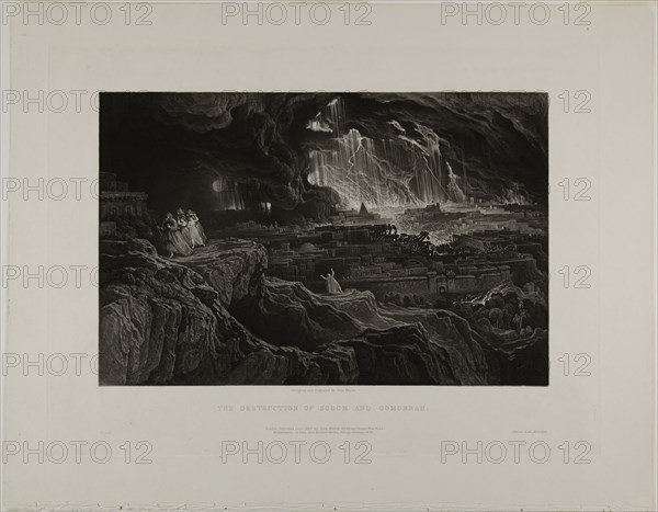 The Destruction of Sodom and Gomorrah, from Illustrations of the Bible, 1832, John Martin, English, 1789-1854, England, Mezzotint with etching in black on ivory wove paper, 190 × 290 mm (image), 268 × 357 mm (plate), 329 × 416 mm (sheet)