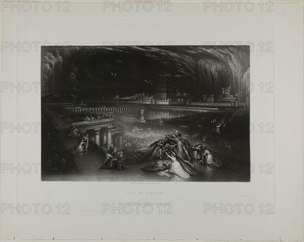 The Fall of Babylon, from Illustrations of the Bible, 1835, John Martin, English, 1789-1854, England, Mezzotint with etching in black on ivory wove paper, 190 × 290 mm (image), 268 × 357 mm (plate), 329 × 416 mm (sheet)