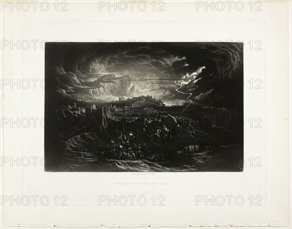 Fall of the Walls of Jericho, from Illustrations of the Bible, 1834, John Martin, English, 1789-1854, England, Mezzotint in black on ivory wove paper, 190 × 290 mm (image), 268 × 357 mm (plate), 329 × 416 mm (sheet)