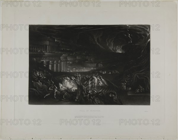 Fall of Nineveh, from Illustrations of the Bible, 1835, John Martin, English, 1789-1854, England, Mezzotint in black on ivory wove paper, 190 × 290 mm (image), 268 × 357 mm (plate), 329 × 416 mm (sheet)