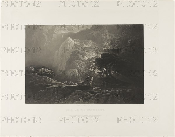 Moses and the Burning Bush, from Illustrations of the Bible, 1833, John Martin, English, 1789-1854, England, Mezzotint in black on ivory wove paper, 190 × 290 mm (image), 268 × 357 mm (plate), 329 × 416 mm (sheet)
