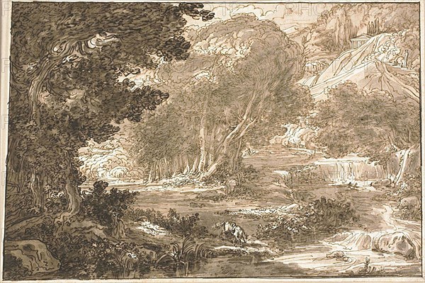 Angelica Resting Under a Tree, from Orlando Furioso, 1810/13, Felice Giani, Italian, 1758-1823, Italy, Pen and brown ink, and brush and brown and gray wash, over graphite, on ivory wove paper, 347 x 515 mm