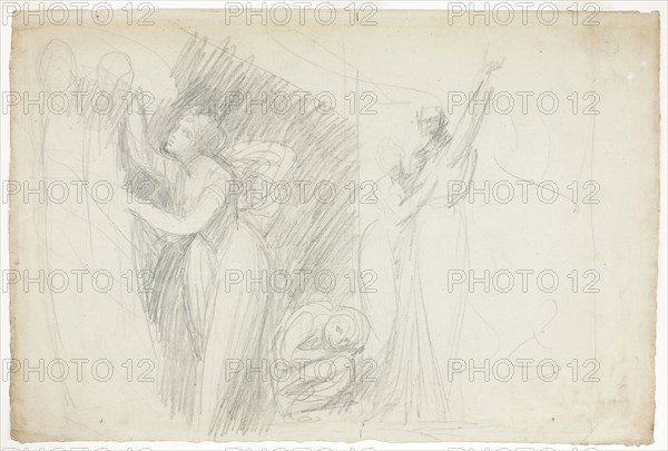 Study for Miranda and Caliban in the Tempest (recto), Figure Studies including Mother and Child (verso), c. 1786, George Romney, English, 1734-1802, England, Graphite on ivory laid paper, 390 × 574 mm