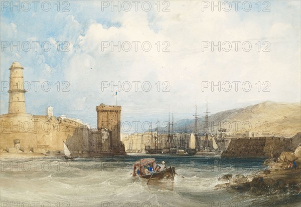 The Entrance to the Harbor of Marseilles, c. 1838, William Callow, English, 1812-1908, England, Watercolor with touches of gouache, over traces of graphite, and scraping, on off-white wove paper, 207 × 297 mm