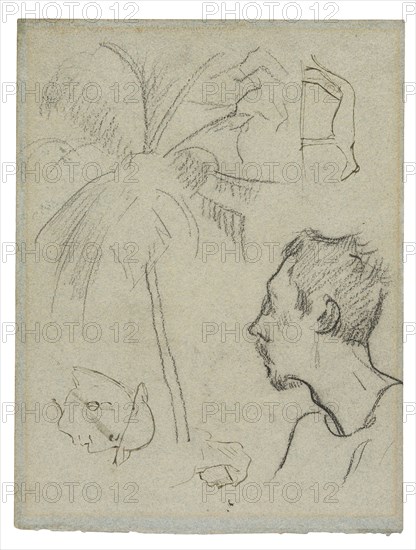 Sketches of Figures and Foliage (recto), Profile of Charles Laval with Palm Tree and Other Sketches (verso), 1887, Paul Gauguin, French, 1848-1903, France, Black fabricated chalk with watercolor, on mottled blue wove paper with blue fibers, altered to light gray (recto), black fabricated chalk, with pen and brown ink, on mottled blue wove paper with blue fibers, altered to bluish-gray (verso) (removed from a sketchbook), 269 × 204 mm