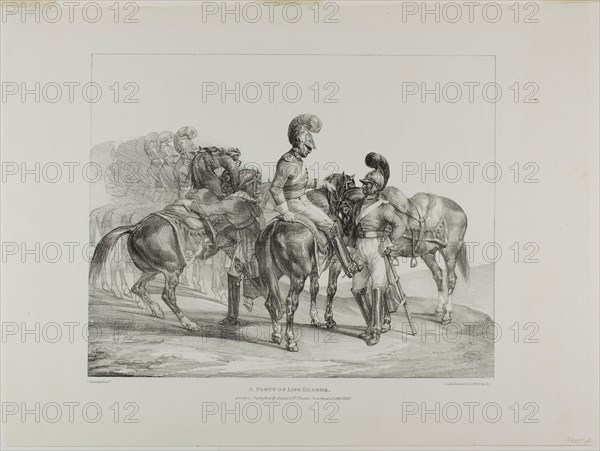 A Party of Life Guards, plate 5 from Various Subjects Drawn from Life on Stone, 1821, Jean Louis André Théodore Géricault (French, 1791-1824), printed by Charles Joseph Hullmandel (German and English, 1789-1850), published by Rodwell and Martin, France, Lithograph in black on ivory wove paper, 274 × 343 mm (image), 373 × 496 mm (sheet)