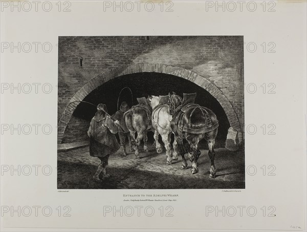 Entrance to the Adelphi Wharf, plate 11 from Various Subjects Drawn from Life on Stone, 1821, Jean Louis André Théodore Géricault (French, 1791-1824), printed by Charles Joseph Hullmandel (German and English, 1789-1850), published by Rodwell and Martin, France, Lithograph in black on ivory wove paper, 254 × 310 mm (image), 376 × 496 mm (sheet)