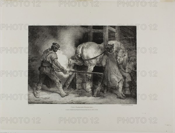 The Flemish Farrier, plate four from Various Subjects Drawn from Life on Stone, 1821, Jean Louis André Théodore Géricault (French, 1791-1824), printed by Charles Joseph Hullmandel (German and English, 1789-1850), published by Rodwell and Martin (English, 19th century), France, Lithograph in black on ivory wove paper, 228 × 315 mm (image), 375 × 496 mm (sheet)