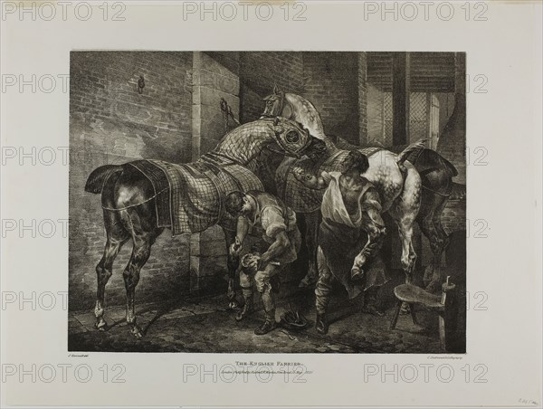 The English Farrier, plate 10 from Various Subjects Drawn from Life on Stone, 1821, Jean Louis André Théodore Géricault (French, 1791-1824), printed by Charles Joseph Hullmandel (German and English, 1789-1850), published by Rodwell and Martin, France, Lithograph in black with gray-green tint stone on ivory wove paper, 284 × 372 mm (image), 376 × 495 mm (sheet)