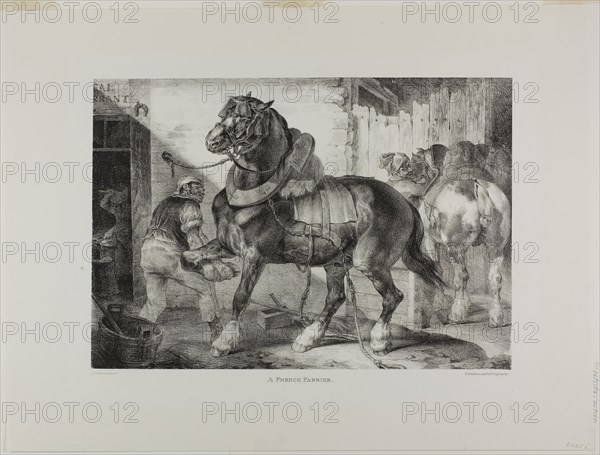 A French Farrier, plate 12 from Various Subjects Drawn from Life on Stone, 1821, Jean Louis André Théodore Géricault (French, 1791-1824), printed by Charles Joseph Hullmandel (German and English, 1789-1850), France, Lithograph in black on ivory wove paper, 246.5 × 356 mm (image), 377 × 496 mm (sheet)