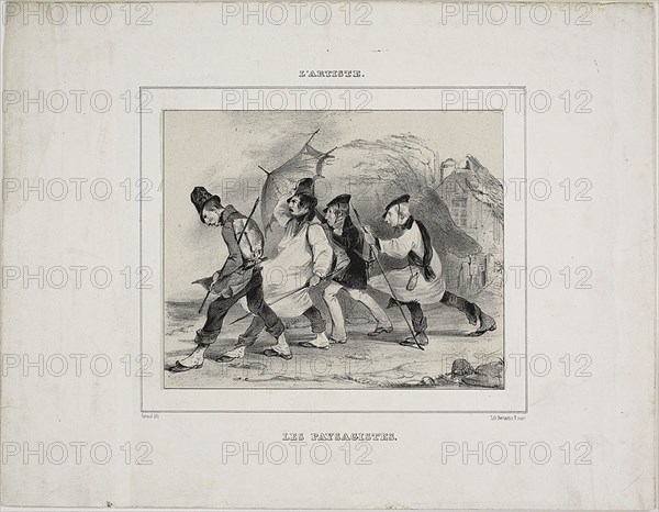 The Landscape Painters, 1833, Pierre François Eugène Giraud, French, 1806-1891, France, Lithograph on cream China paper, laid down on ivory wove paper (chine collé), 162 × 191 mm (image), 139 × 171 mm (primary support), 251 × 324 mm (secondary support)