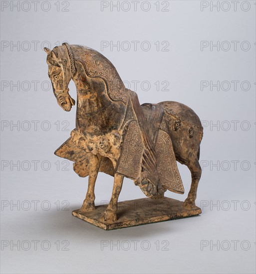 Caparisoned Horse, Northern Wei dynasty (386–535), early 6th century, China, Earthenware with traces of polychromy, 21.7 × 23.5 × 16.2 cm (8 9/16 × 9 1/4 × 6 3/8 in.)
