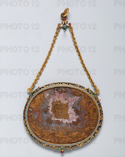 Pendant with a Cameo of Orpheus Charming the Animals, Cameo: 1550/1600, mount: 19th/20th century, Italian, Europe, Chalcedony, gold, and enamel, 12.4 × 6.6 cm (4 7/8 × 2 5/8 in.)