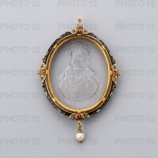 Pendant with Intaglio Portrait of Anna of Austria in Enameled Frame, 19th century (?), French (?), France, Intaglio: rock crystal, 9.3 × 6.3 cm (3 7/8 × 1 5/8 in.)