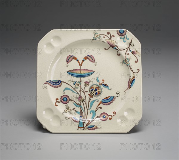 Plate, c. 1886, Designed by Christopher Dresser (English, born Scotland, 1834-1904), Made by Old Hall Earthenware Co., Ltd. (Staffordshire, England, 1861-1866), Hanley, Lead-glazed earthenware with polychrome enamels, Diam. 22.8 cm (9 in.)
