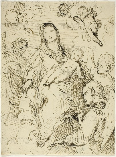 Virgin and Child with Angels, n.d., Unknown artist, Venetian, 18th century, Italy, Pen and brown ink, over traces of graphite, on ivory laid paper, 193 x 145 mm
