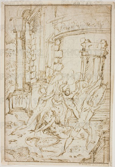 Study for the Rape of the Sabines, 1564/74, Circle of Jacopo Zanguidi, called Bertoia, Italian, 1544-1573/74, Italy, Pen and brown ink over traces of black chalk, on ivory laid paper, edge mounted to ivory laid paper, 203 x 140 mm (max.)