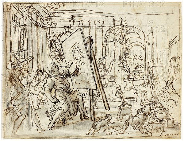 Earthquake in an Artist’s Studio, c. 1660, Pietro da Cortona, Italian (1596-1669), Italy, Pen and brown ink, with brush and gray wash, over charcoal on cream laid paper (recto), pen and brown ink and charcoal on cream laid paper (verso), 211 x 271 mm