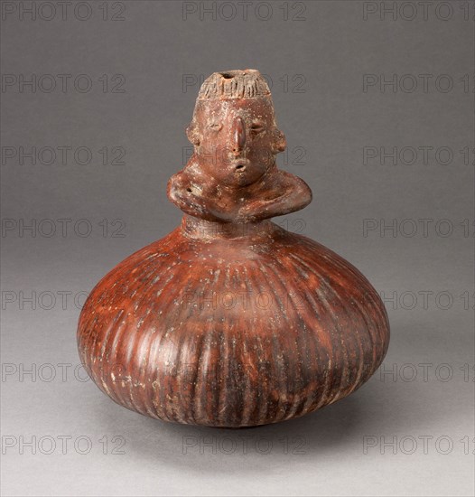 Small Fluted Bottle with Neck in Form of a Figure Holding Arms to Chest, c. A.D. 200, Nayarit, Nayarit, Mexico, Nayarit state, Ceramic and pigment, 18.7 x 17.8 cm (7 3/8 x 7 in.)