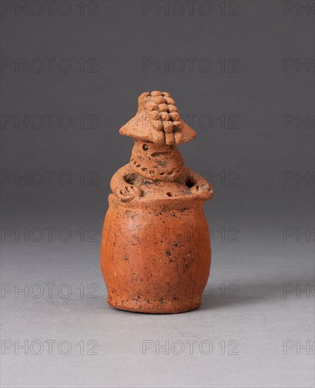 Miniature Rattle in the Form of a Figure Wearing Headdress and Mask, c. A.D. 200, Possibly Guacimo, Costa Rica, Costa Rica, Ceramic