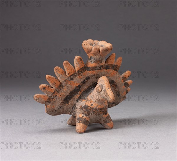 Miniature Figure in the Form of a Bird with Exaggerated Tailfeathers, c. A.D. 200, Colima, Colima, Mexico, Colima state, Ceramic and pigment, 8.6 × 11.4 cm (3 3/8 × 4 1/2 in.)