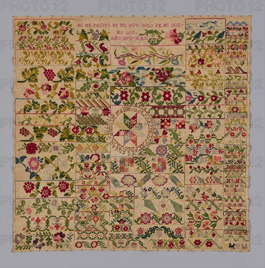 Sampler, 1870, Mexico, México, Cotton, plain weave, embroidered with wool in back, cross, long-armed cross, hem, and stem stitches, 73.8 x 74.2 cm   (29 x 29 1/4 in.)