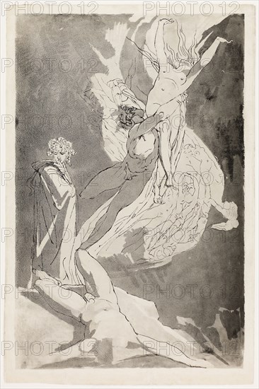 Dante Swoons before the Soaring Souls of Paolo and Francesca, Virgil at his Side, c. 1818, Henry Fuseli, Swiss, active in England, 1741-1825, Switzerland, Etching and aquatint on ivory wove paper, 470 x 302 mm (plate), 500 x 332 mm (sheet)