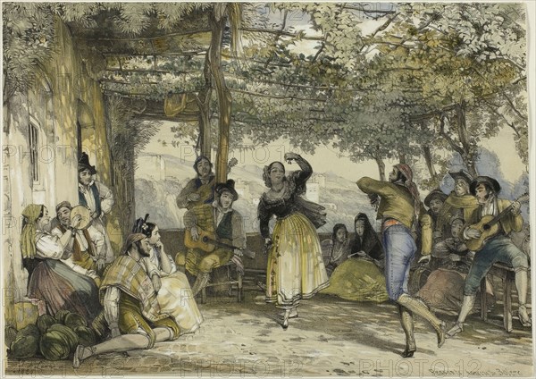 Spanish Peasants Dancing the Bolero, 1836, John Frederick Lewis, English, 1805-1876, England, Lithograph in colors with additional hand- coloring on ivory wove paper, 265 × 372 mm
