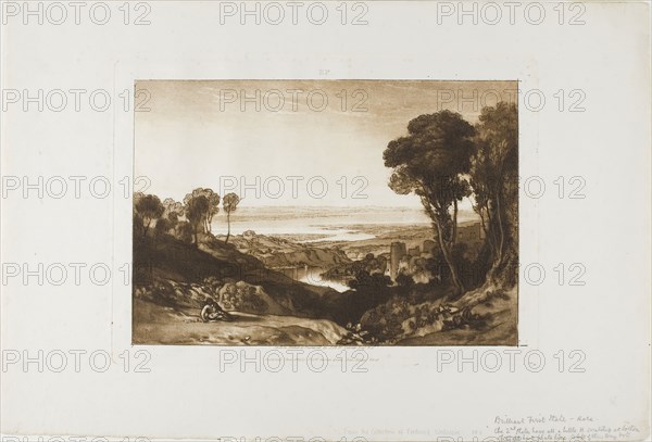 Junction of the Severn and Wye, plate 28 from Liber Studiorum, Published June 1811, Joseph Mallord William Turner, English, 1775-1851, England, Etching and aquatint with roulette on ivory wove paper, 180 × 263 mm (image), 208 × 290 mm (plate), 300 × 441 mm (sheet)