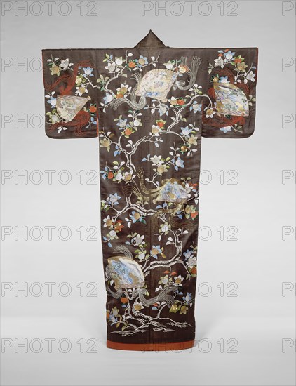 Furisode, late Edo period (1789–1868)/ Meiji period (1868–1912), 19th century, Japan, Silk, 4:1 satin damask weave, rinzu, yuzen dyed, painted, and stenciled, embroidered with silk and gold-leaf-over-lacquered-paper-strip-wrapped cotton in satin and single satin stitches, laid work, couching, and Chinese knots, lined with silk, plain weave, dyed with beni, safflower, 183.7 x 122.7 cm (72 3/8 x 48 3/8 in.)