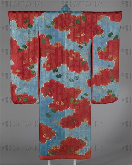 Furisode, late Edo period (1789–1868)/ Meiji period (1868–1912), 19th century, Japan, Silk, satin damask weave, ôbôshi shibori dyed, embroidered with silk and gold-leaf-over-lacquered-paper-strip-wrapped silk in satin stitches, laid work and couching, lined with silk, plain weave, 182.8 x 127.7 cm (72 x 50 1/4 in.)