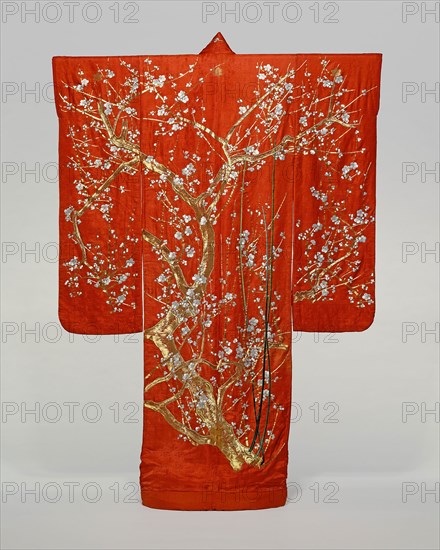 Furisode, late Edo period (1789–1868), 1801/1868, Japan, Silk, 4:1 satin damask weave (rinzu), embroidered with silk and gold-leaf-over-lacquered-paper-strip-wrapped silk in satin stitches, laid work and couching, and padded couching, lined with silk, plain weave, 183.8 × 128.8 cm (72 1/4 × 50 3/4 in.)