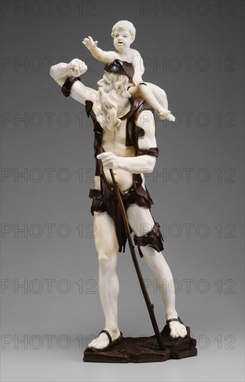 Old Beggar Carrying Child, 1735/50, Simon Troger, Austrian, 1683-1768, Austria, Ivory, fruitwood, glass, and leather, 53.3 cm (21 in.)