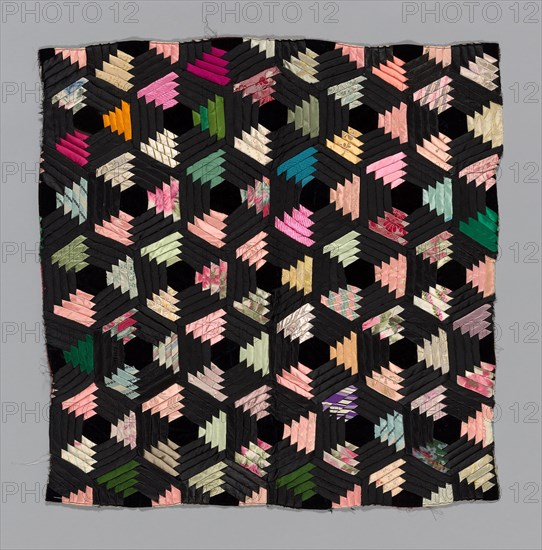 Fragment (from a Bedcover), 1880s, United States, Silk and cotton, plain, twill, and satin weaves, some with supplementary patterning warps or wefts, some self-patterned, some with supplementary pile warps (velvet), and some warp-resist dyed (chiné), pieced, backed with cotton and silk, plain weaves, some with self-patterning and satin weaves, stitched with cotton threads, 56.6 x 56.3 cm (22 3/8 x 22 1/4 in.)