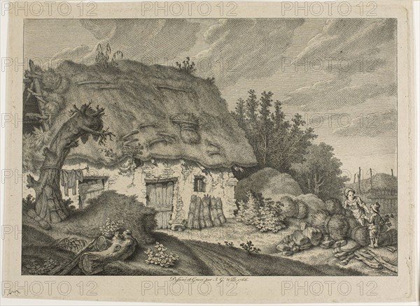 A Farm Cottage, 1766, Johann Georg Wille, German, 1715-1808, Germany, Engraving on off-white wove paper, 140 x 204 mm (image), 158 x 218 mm (plate), 164 x 223 mm (sheet)