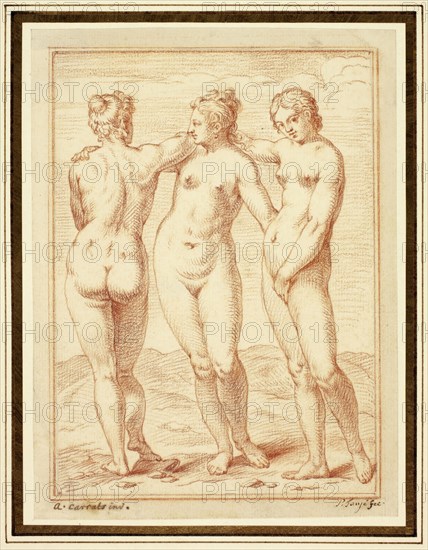 The Three Graces, n.d., Pieter Tanjé (Dutch, 1706-1761), after Agostino Carracci (Italian, 1557-1602), Netherlands, Red chalk on cream laid paper, edge mounted, 169 x 128 mm