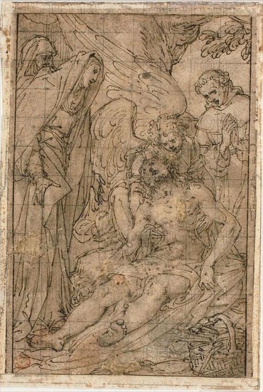 Pietà, n.d., Giovanni Battista Castello, called Il Bergamasco, Italian, c. 1509-1569, Italy, Pen and brown ink with brush and brown wash, on tan laid paper, squared in graphite, laid down on ivory laid paper, 119 x 83 mm