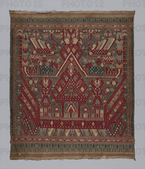 Tampan (Ceremonial Cloth), 19th century, Indonesia, Sumatra, Southeast Lampung, Kalianda district, Indonesia, Cotton, plain weave with supplementary patterning wefts, 95.3 x 80 cm (37 1/2 x 31 1/2 in.)