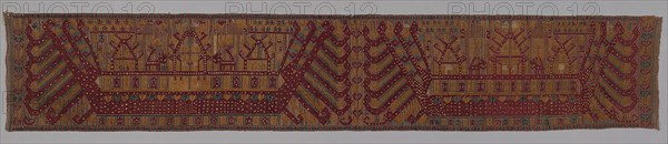 Palepai (Ceremonial Hanging), 19th century, Indonesia, South Sumatra, Southeast Lampung, Kalianda district, Indonesia, Cotton, silk, and gilt-paper-strip-wrapped cotton, plain weave with supplementary patterning and brocading wefts, 418.2 x 75.9 cm (164 3/8 x 29 7/8 in.)