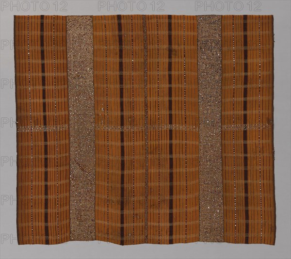 Tapis (Ceremonial or Wedding Skirt), 19th century, Indonesia, Sumatra, Lampung, Indonesia, Cotton, silk and gilt or silvered-paper-strip-wrapped silk, warp-faced, weft-ribbed plain weave with supplementary patterning wefts, embroidered with back, surface satin, stem and trammed loop stitches, mica and mirrors, 126.6 x 143.5 cm (49 7/8 x 56 1/2 in.)