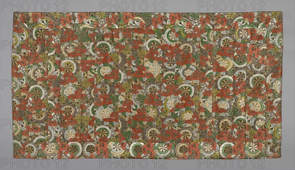 Kesa, late Edo period (1789–1868), early 19th century, Japan, Silk, gold-leaf-over-lacquered-paper strip, warp-float faced 2:1 'Z' twill weave with supplementary brocading wefts some bound in weft-float faced 1:2 'Z' twill interlacings, lined with silk, plain weave, silk cords, 111.7 x 204.8 cm (44 x 80 5/8 in.)