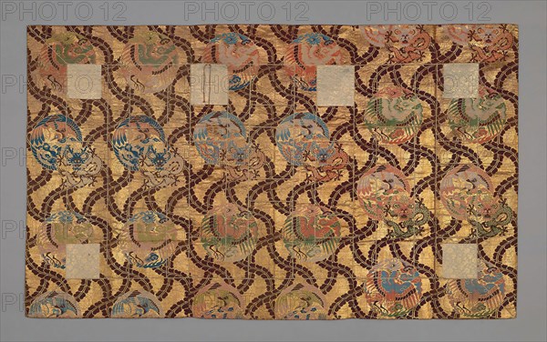 Kesa, Late 19th century, Meiji period (1868–1912), Japan, Silk and gilt-paper strip, twill weave with secondary binding warps and supplementary patterning wefts with couched plied silk, silk cords, 119.2 x 199.5 cm (46 7/8 x 78 1/2 in.)