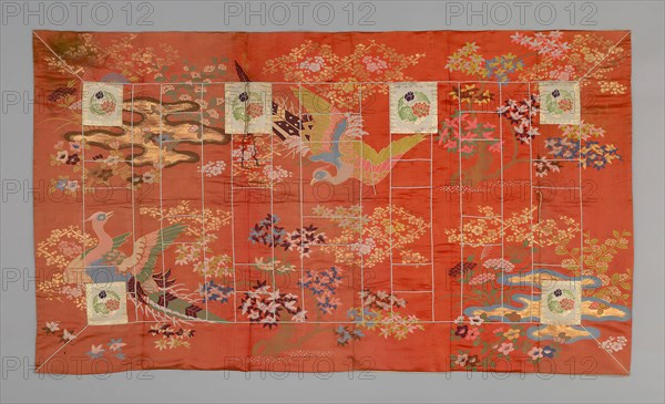 Kesa, Meiji period (1868–1912), late 19th century, Japan, Silk and gold-leaf-over-lacquered-paper strips, warp-float faced 2:1 'Z' twill weave with supplementary brocading wefts bound in twill interlacings, patches: silk and gold-leaf-over-lacquered-paper strips, warp-float faced 2:1 'Z' twill weave with 1:2 'Z' twill interlacings of secondary binding warps and supplementary patterning wefts, cords: silk and cotton, silk wrapped cloth, lined with silk, 116.3 x 200.7 cm (45 4/4 x 79 in.)