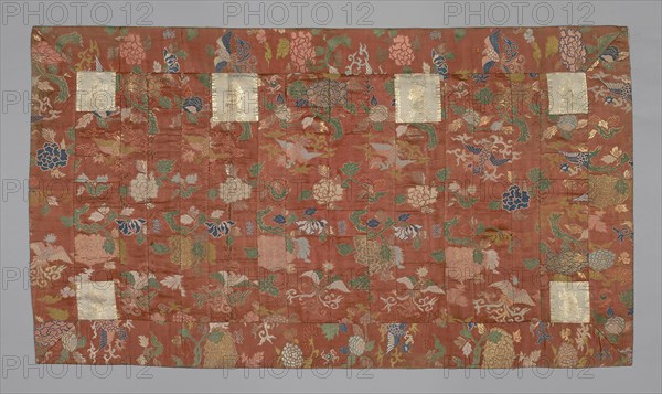 Kesa, Meiji period (1868–1912), late 19th century, Japan, Silk and gold-leaf-over-lacquered-paper strips, warp-float faced 5:1 'Z' twill weave with supplementary patterning wefts bound in twill interlacings, patches: silk and gold-leaf-over-lacquered-paper strips, warp-float faced 3:1 'Z' twill weave with plain interlacings of secondary binding warps and supplementary patterning wefts, lined with cotton, plain weave, 115.3 x 202.8 cm (45 3/8 x 79 7/8 in.)