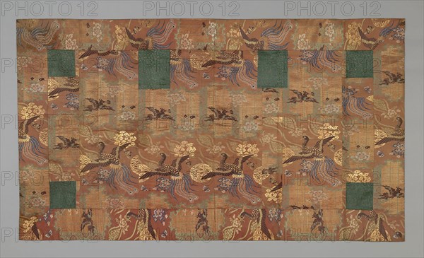 Kesa, Meiji period (1868–1912), late 19th century, Japan, Silk and gold-leaf-over-lacquered-paper strips, warp-float faced 2:1 'Z' twill weave with 1:2 twill interlacings of secondary binding warps and supplementary patterning wefts, patches: silk and gold-leaf-over-lacquered-paper strips, warp-float faced 2:1 'Z' twill weave with 1:2 twill interlacings of secondary binding warps and supplementary patterning wefts, lined with cotton, 115.5 x 201.8 cm (45 8/16 x 79 3/8 in.)