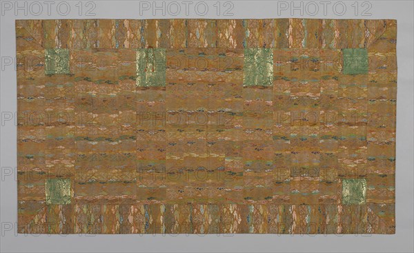 Kesa, late Edo period (1789–1868), early 19th century, Japan, Silk and gold-leaf-over-lacquered-paper strips, warp-float faced 4:1 satin weave, supplementary patterning wefts bound in weft-float faced 1:4 'Z' twill interlacings, patches: silk and gold-leaf-over-lacquered-paper strips, warp-float faced 2:1 'Z' twill weave with weft-float faced 1:2 'Z' twill interlacings of secondary binding warps and supplementary patterning wefts, lined with silk, plain weave, 116 x 205.4 cm (45 11/16 x 80 7/8 in.)